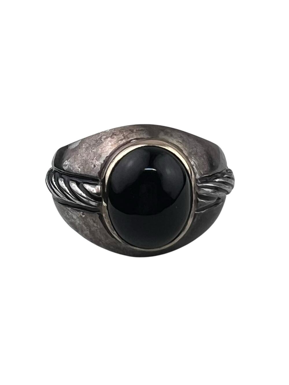 FM Vintage 1989 Chunky Sterling Silver & 14K Bezel Onyx Ring Size 10.5